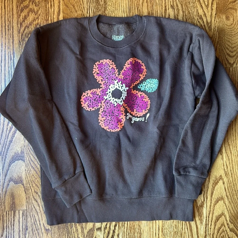 Hanes Comfortsoft Brown Kids Crewneck Sweatshirt with Orange and Pink Flower